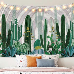 Green Cactus Tapestry Tropical Succulent Plants Art Landscape Nature Wall Hanging for Bedroom Living Room Dorm Decor Watercolor tablecloths