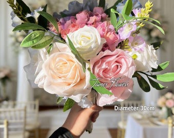 White Pink Flower Wedding Bouquet, Artificial Bride/Bridesmaid Bouquet, Groom's Boutonniere