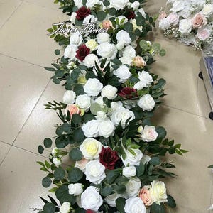 White Burgundy Wedding Ceremony Flower Row Runner Bridal Shower Flower Arrangement Stair Florals Wedding Aisle Flowers Around Flower