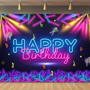 Neon Happy Birthday Banner Hintergrund Let Glow Party Disco Dance Thema Kulissen Geburtstag Bunte Nacht Dekor Fotografie Party Dekor Lieferungen