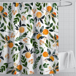 Orange Shower Curtains, Allover Fruits Shower Curtain Round Citrus Pattern Design Waterproof Fabric Bathroom Shower Curtain Set with Hooks