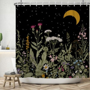Floral Shower Curtain Flower Moon Bath Curtain Set with Hooks, Home Bathroom Bathtub Decoration Waterproof,Size W*H