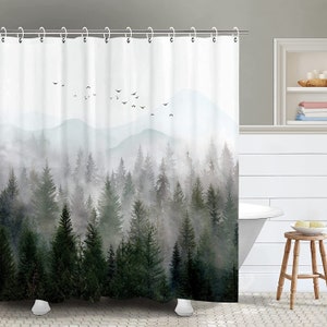 Mountain Shower Curtain,Misty Forest Tree Foggy Shower Curtain, Cool Nature Scenery Landscape Bathtub Decor Size W*H