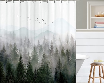 Nature Lake Mirror Waterproof Long Shower Curtain Set Mountain Blue Sky Scenery 