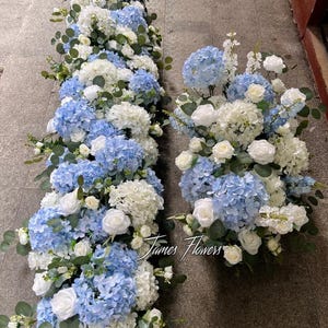Blue & White Hydrangea Rose Flower Garland: Wedding Table Flower Runner