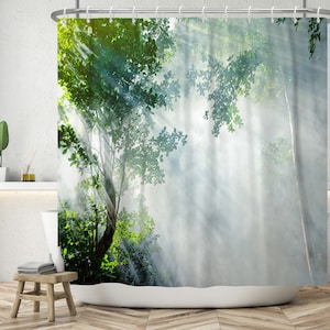 Misty Forest Tree Foggy Shower Curtain Sunny Trees Shower Curtain Cool Nature Scenery Landscape Bathtub Decor Shower Curtain,Size W*H