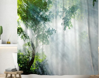 Misty Forest Tree Foggy Shower Curtain Sunny Trees Shower Curtain Cool Nature Scenery Landscape Bathtub Decor Shower Curtain,Size W*H