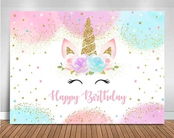 Rainbow Unicorn Backdrop Happy Birthday Party Decor for Girls Watercolor Floral Glitter Stars Dots Unicorn Cake Table Banner Studio Props