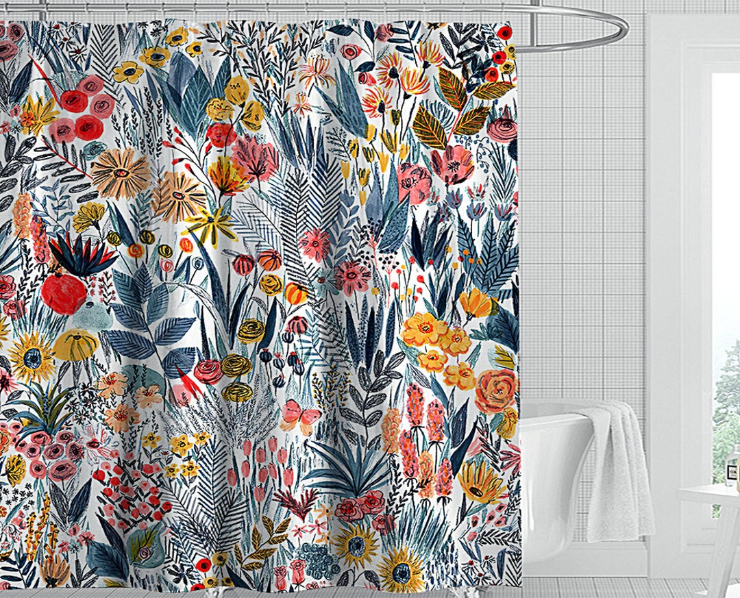Floral Plant Flower Shower Curtain Set With Hooks Bohemian Etsy