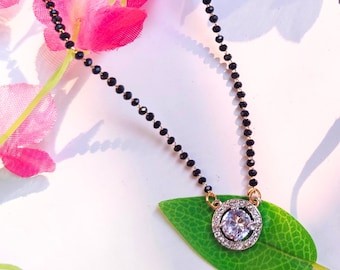 Handmade American Diamond Mangalsutra: Black Bead Bridal Necklace