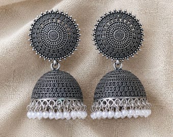 Oxidized German Silver Jhumka Earrings: Embossed Dome, Pearl Beads (Statement)
