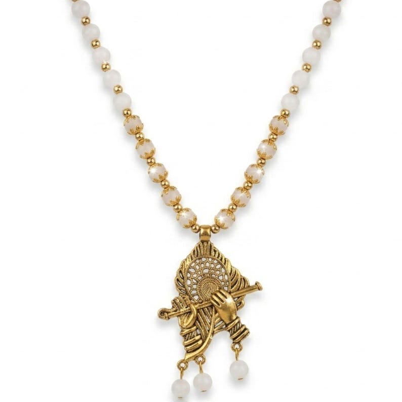 Krishna Flute Pendant, Pearl Beaded Temple Jewelry, Indian Spiritual Gift for Women image 8