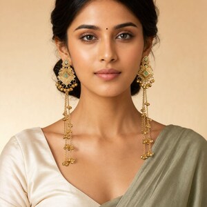 Ghungroo Earrings, Extra-Long Gold-Tone Kashmiri-Style Drops with Mint Green Stones