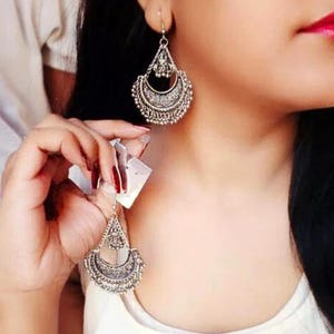 Elegant Oxidized Silver Chandbali Earrings | Traditional Indian Dangle Earrings | Bohemian Wedding Jewelry for Women