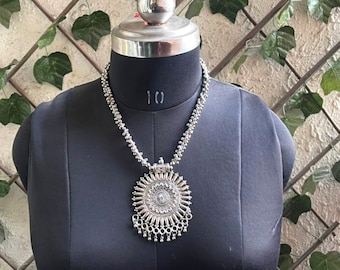 Oxidized Silver Tribal Pendant Necklace: Bohemian Filigree Jewelry