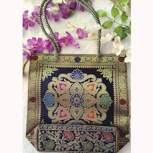 Handmade Banarasi Silk Tote Bag: Brocade Embroidered Ethnic Purse