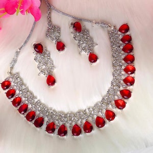 Handcrafted Red Stone Bridal Jewelry Set: Silver-Plated Necklace, Earrings & Tikka