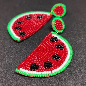 Hand-Beaded Watermelon Earrings – Fruit Earrings – Designer Fruit Jewelry – Colorful Handmade Statement Earrings – Unique Accessory