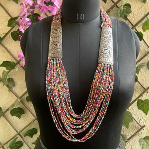 Colorful long Seed Bead Necklace, Tribal Silver Engraved Panels, Bohemian Multistrand Necklace, Ethnic Artisan Crafted Jewelry for Women