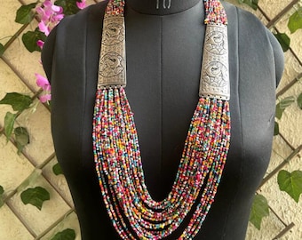 Multicolor Seed Bead Necklace: Tribal Silver Panels, Bohemian Jewelry
