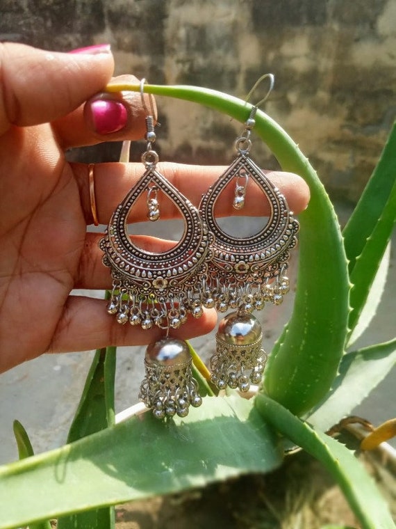 Indian Ethnic Silver Oxidised Flower Choker Necklace Ring & Flower Stud  Earrings