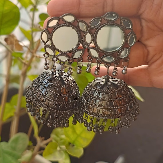 Black Oxidized Jhumka Earrings: Handmade Indian Mirror Dangler