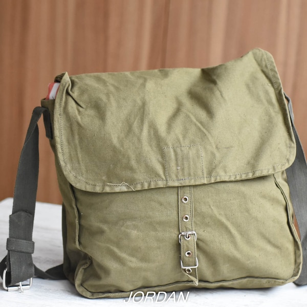 NIE BENUTZT=Seltene Vintage-Militärtasche, Armeetasche, Umhängetasche aus grünem Baumwoll-Canvas, Umhängetasche, Schultasche, Unisex-Tasche, Geschenk für Ihn