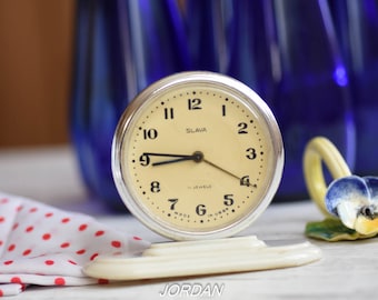 Vintage Slava Alarm Clock, Mechanical Desk Clock, Made in USSR 1960s