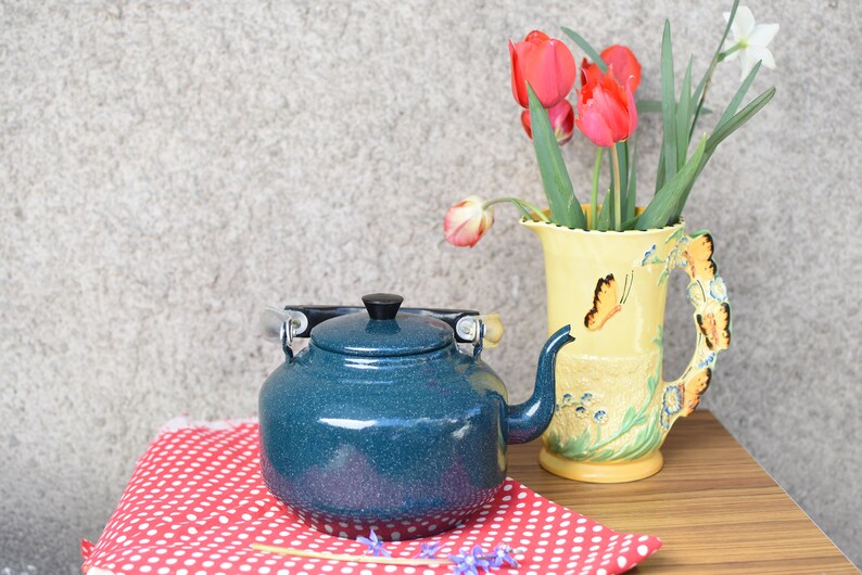 Vintage Enamel Teapot//rustic Tea Kettle//enamel Coffee Pot//enamelware