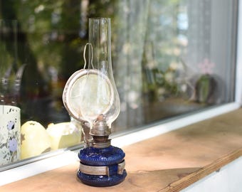 Farol de gas de cristal azul vintage // Lámpara de pared antigua // Lámpara de aceite de cristal con espejo // Lámpara de petróleo retro // Decoración rústica para el hogar // Lámpara de pared antigua