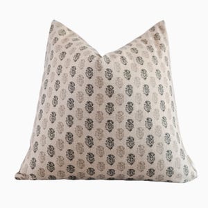 Beige Floral Block Print Pillow Cover, Designer Floral Throw Pillow, Block Print Cushion, Neutral Beige Pillow for Living Room