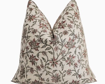 Almohada de primavera neutra, funda de almohada de lino floral marrón, almohada verde beige y rosa polvoriento, almohadas de granja, almohadas boutique