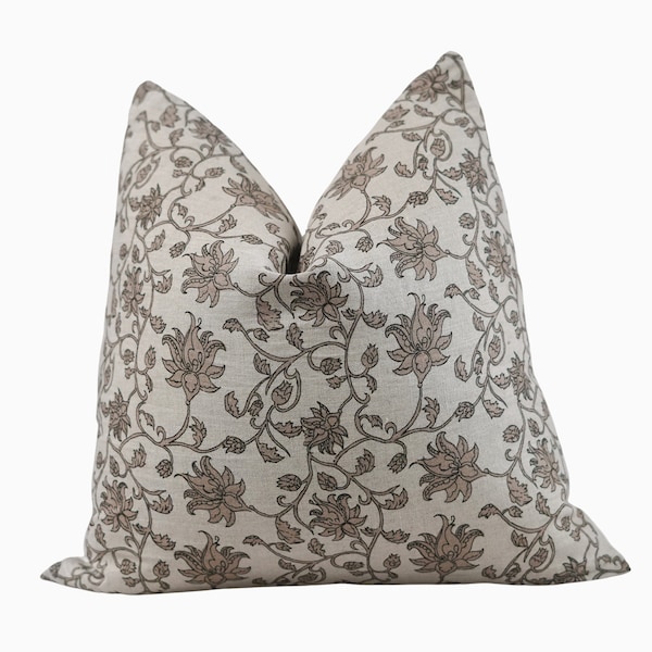 Spring pillow covers 20x20 Brown Floral Pillows Printed Indian Hand Block Linen Pillow Cover