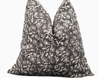 Black floral Indian Hand Block Linen Pillow Cover