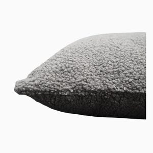 May include: A close-up of a gray, textured pillow. The pillow has a soft, plush appearance with a dense, looped fabric. The color is a neutral gray, suitable for various home decor styles.