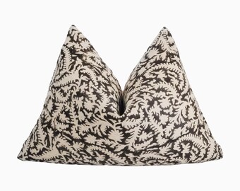 Dark Brown & Beige Lumbar Pillow Cover | Floral Block Print Linen Pillow | Brown Floral Throw Pillow