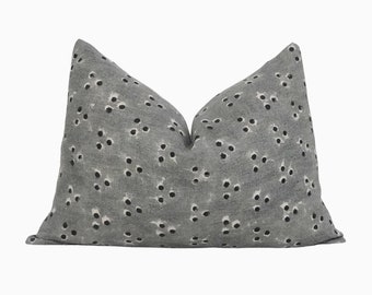 Lumbar Pillow Cover 14x20, Blue Gray Black dots, Throw Pillow Cover, Indian Hand Block Linen Pillow Cover, Farmhouse, Decorative Throws