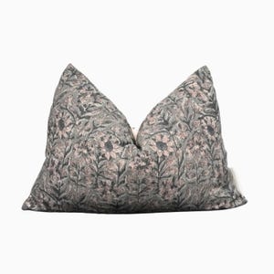 Copricuscino lombare in lino blu-grigio, cuscino floreale stampato a mano, cuscino decorativo, copricuscino in lino 14x20
