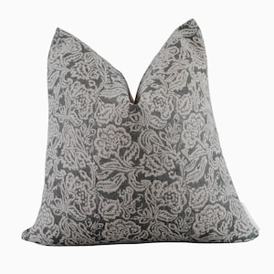 Floral Grey-Blue Block Print Pillow Cover, Slate Grey  Pillow cover, Boho Throw Pillow, Decorative Throw Pillows, Floral Muted Gray Pillow