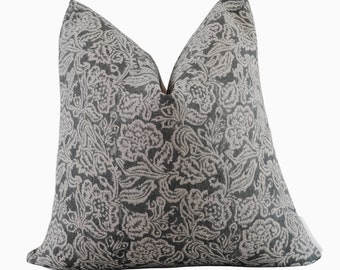 Floral Block Print Pillow Cover, Slate Grey Boho Throw Pillow