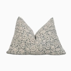 Lumbar Stone Blue Linen Pillow Cover, Stone Blue and SLate grey Pillow covers, Floral Print Natural Linen Throw Pillow, Floral Throw Pillows