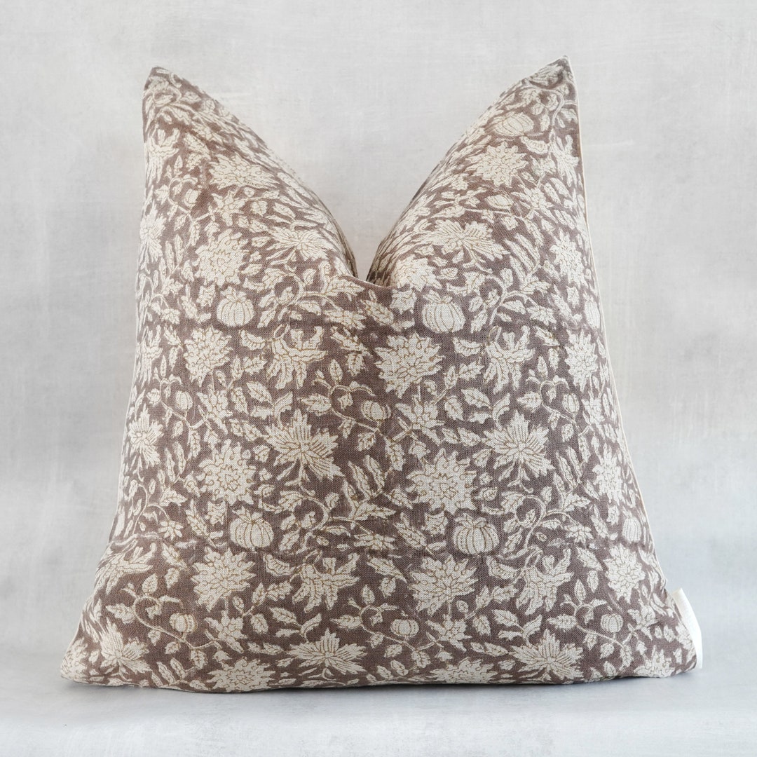 Brown Throw Pillow Cover, Designer Floral Beige on Natural Linen Pillow Cover, Floral Pillow