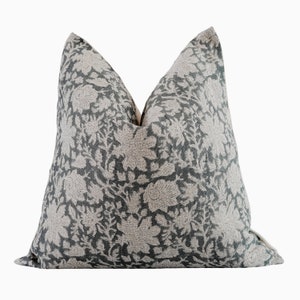 Floral Block Print Throw Pillow, Blue Green Floral Pattern Pillow Cover, Blue and Grey WhiFloral Pillow Covers, Botanical Throw Pillows