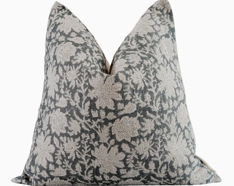 Floral Block Print Pillow Cover, Blue Green Botanical Throw Pillow