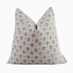 Neutral Floral Throw Pillow,  Hand Block Print Floral Pillow Cover, Beige Throw Pillows, Brown Floral Pillow, Neutral Pillow Covers