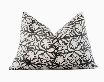 Black Floral Block Print Lumbar Pillow Cover, Linen Designer Cushion, Handmade Throw Pillow