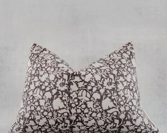 Coussin lombaire Floral Block en lin | Housse de coussin marron | Coussin Hygge chocolat