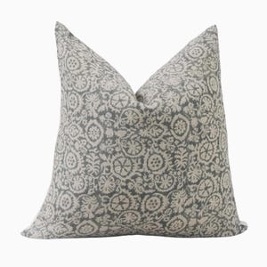 Muted Blue Grey Floral Linen Pillow Cover, Natural Linen Cushion, Boho Throw Pillow, Farmhouse Decor, Blue Grey Accent Pillow
