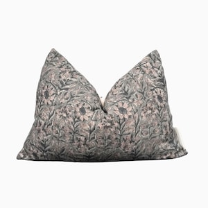 Copricuscino lombare in lino grigio blu con stampa floreale a mano per divano letto o sedia, cuscino decorativo 14x20 per arredamento casa