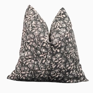 Black Floral Linen Pillow Cover | Hand Block Printed Pillow | Indian Floral Throw Pillow | Boho Cushion Cover